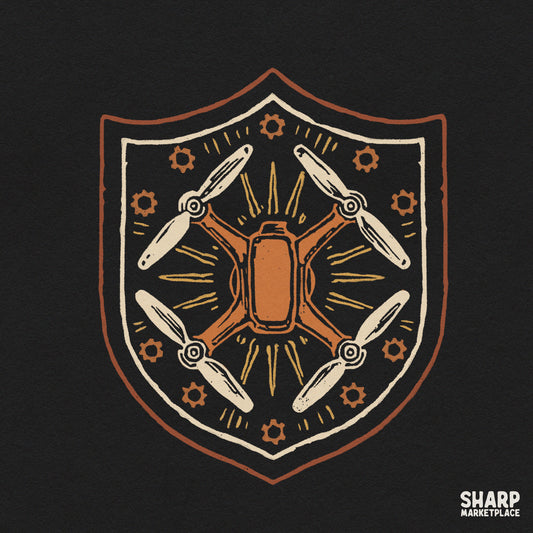 Vintage drone shield emblem featuring a quadcopter and mechanical gears png for t-shirt print design