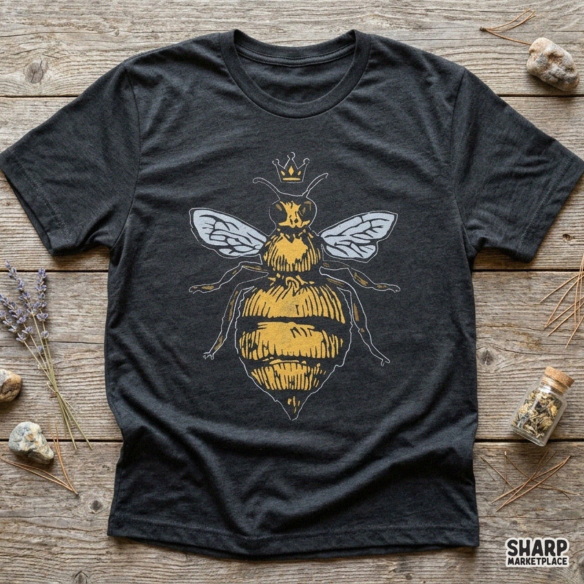 Queen Bee With Crown Vintage Linocut Illustration PNG