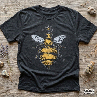 Queen Bee With Crown Vintage Linocut Illustration PNG