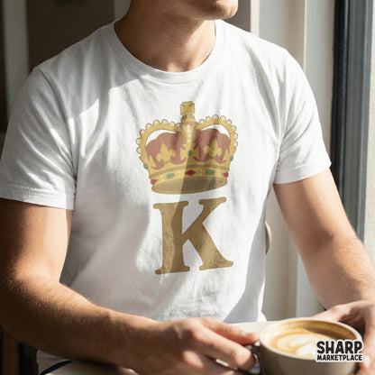 Sophisticated crown and letter K initial clipart with a textured gold finish, suitable for royal-themed party decor and custom t-shirt transfers.