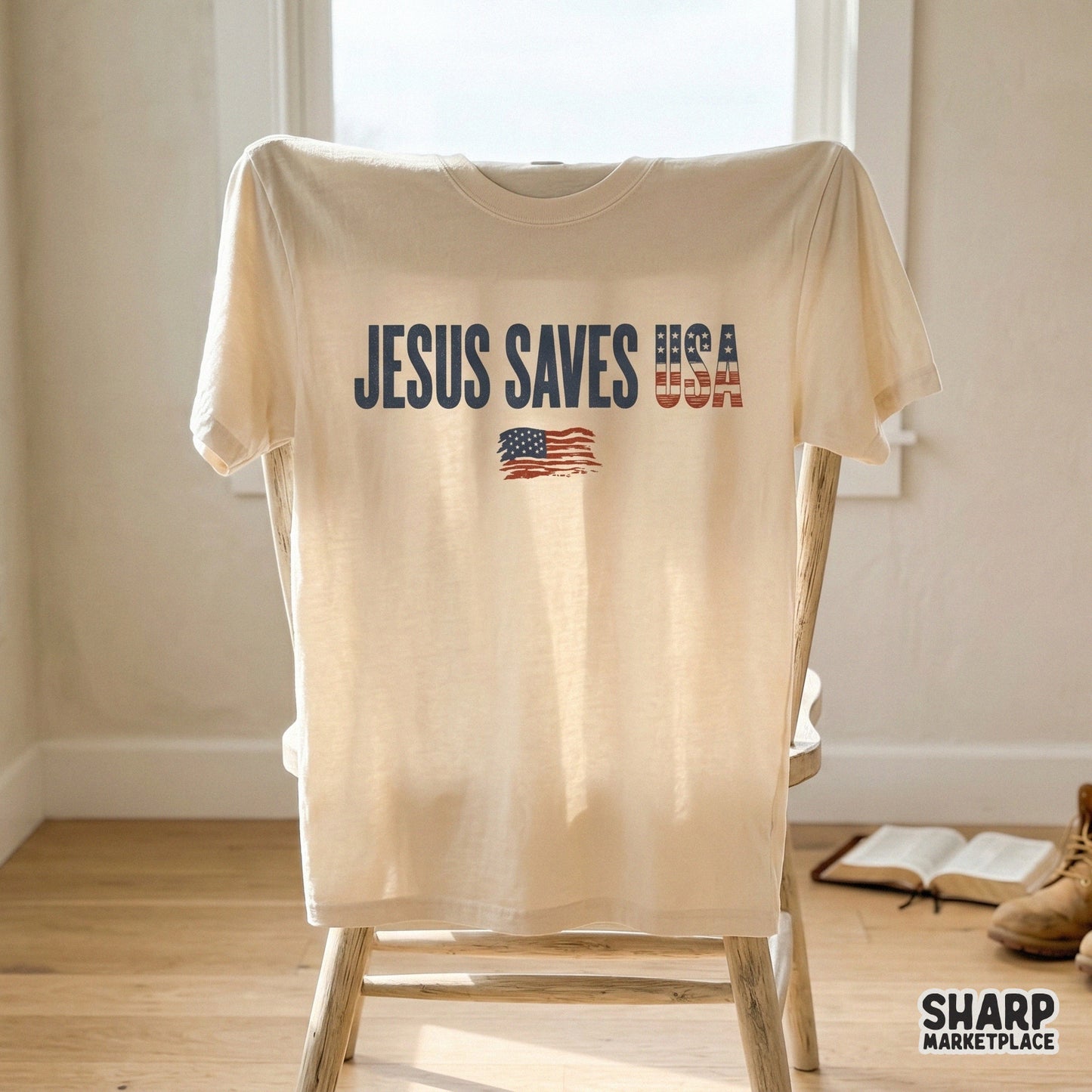 Patriotic faith-based digital design featuring bold navy blue text and a stylized USA with American flag textures for sublimation and apparel printing.