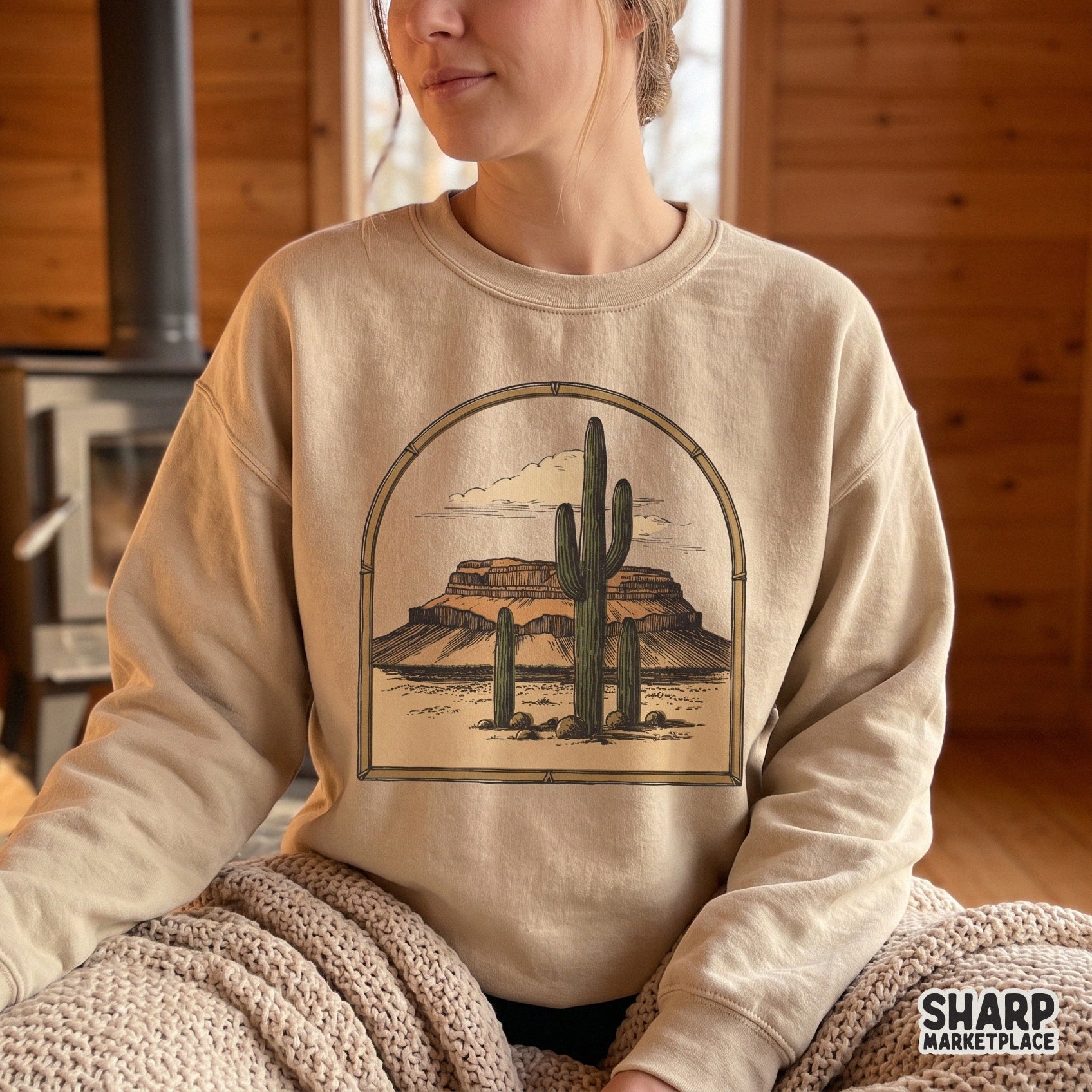 Vintage desert landscape sublimation design featuring saguaro cacti and mesa view for a western cowboy t-shirt
