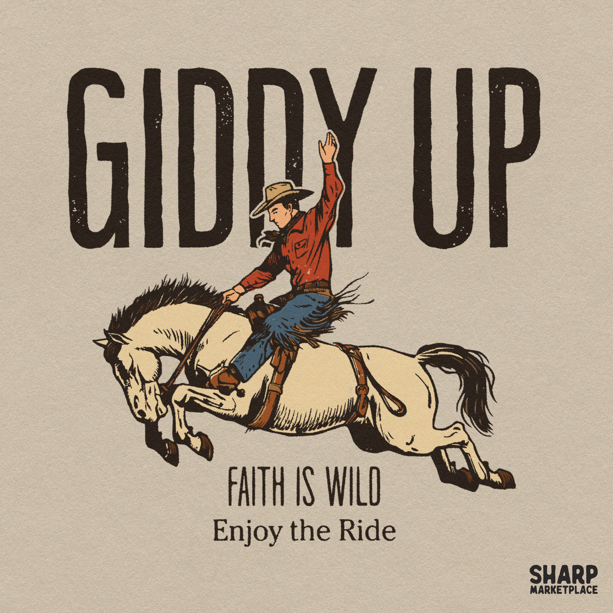 Giddy Up Faith Is Wild retro western cowboy PNG design perfect for country music t-shirts and sublimation prints
