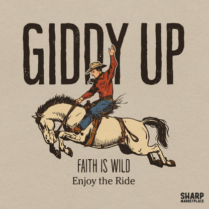Giddy Up Faith Is Wild retro western cowboy PNG design perfect for country music t-shirts and sublimation prints