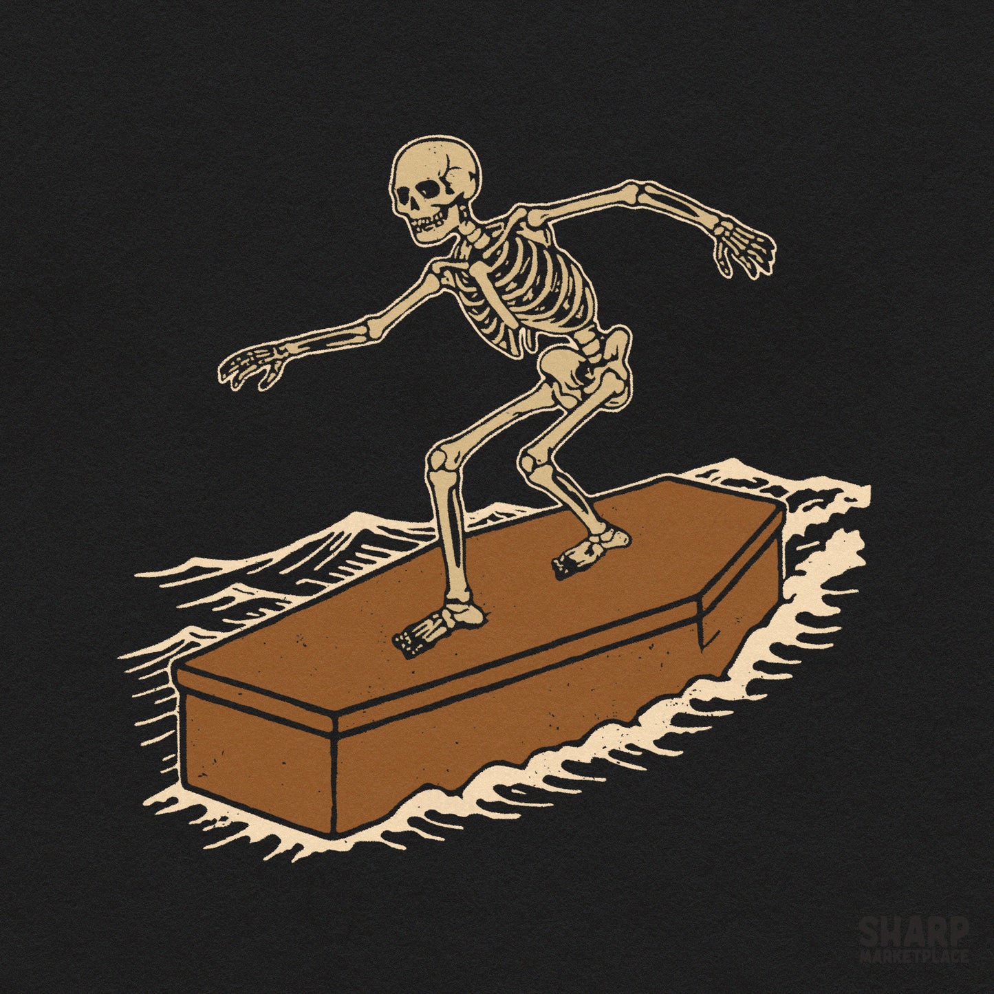 Vintage skeleton surfing on a coffin gothic surf design halloween png for t-shirt sublimation printing