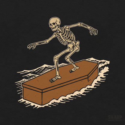 Vintage skeleton surfing on a coffin gothic surf design halloween png for t-shirt sublimation printing