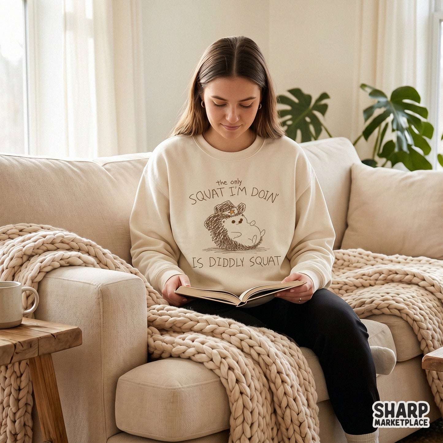 A beige sweatshirt featuring a brown sketch of a cowboy hedgehog with the sarcastic fitness quote The only squat I’m doin’ is diddly squat.