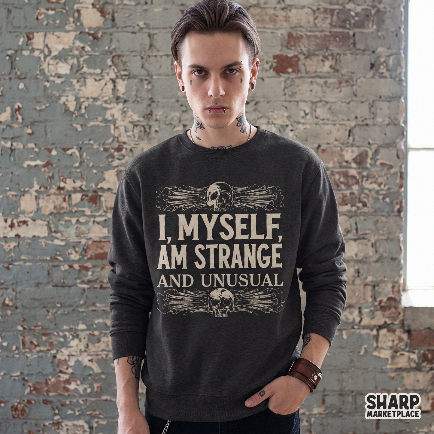 Skull and bones graphic with strange and unusual horror movie quote for spooky season t-shirts and dark humor gothic apparel