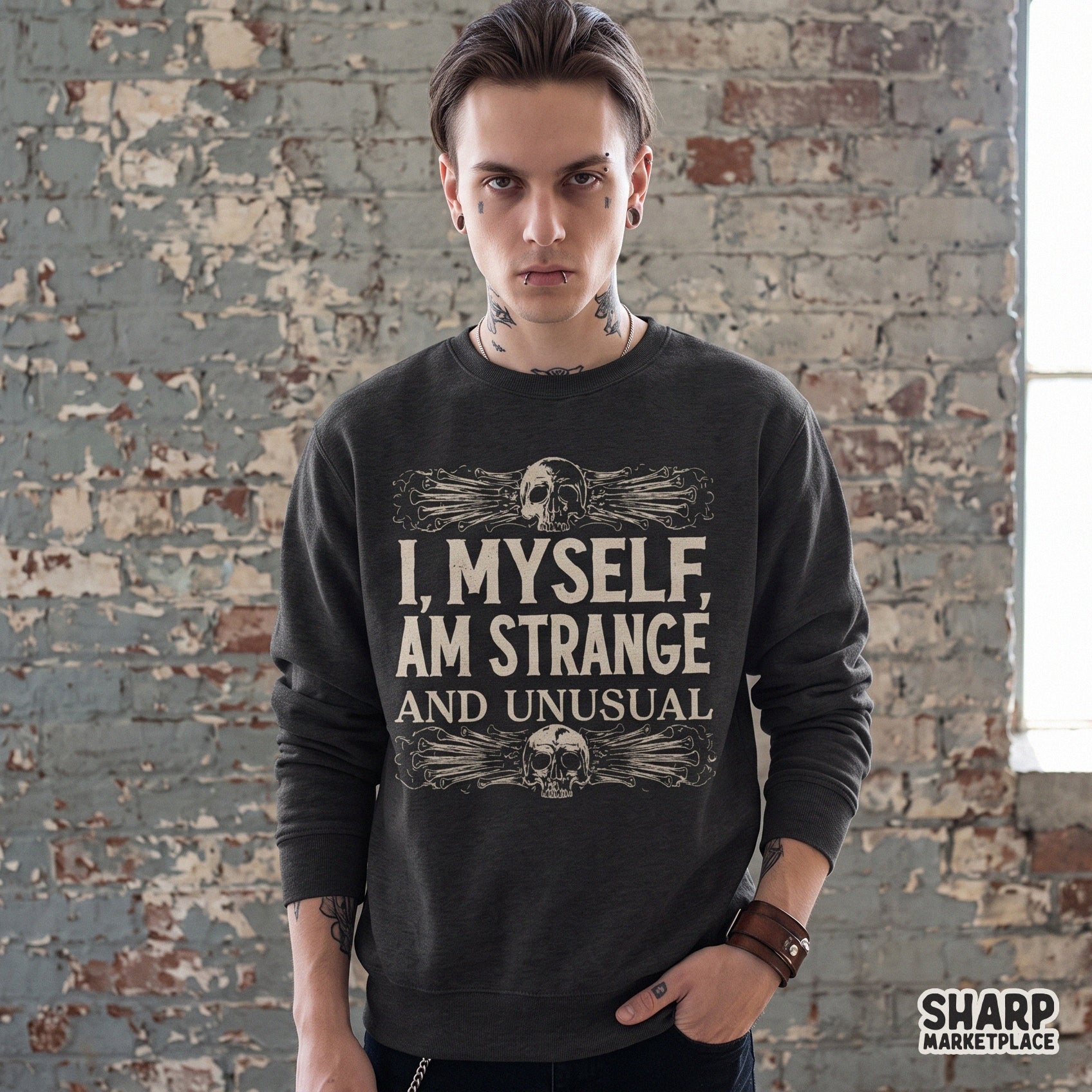 Skull and bones graphic with strange and unusual horror movie quote for spooky season t-shirts and dark humor gothic apparel