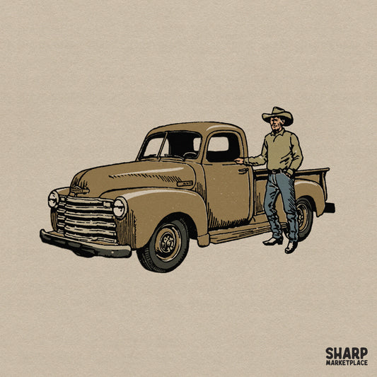 Vintage brown pickup truck with cowboy standing in rustic country western png design for fathers day shirts