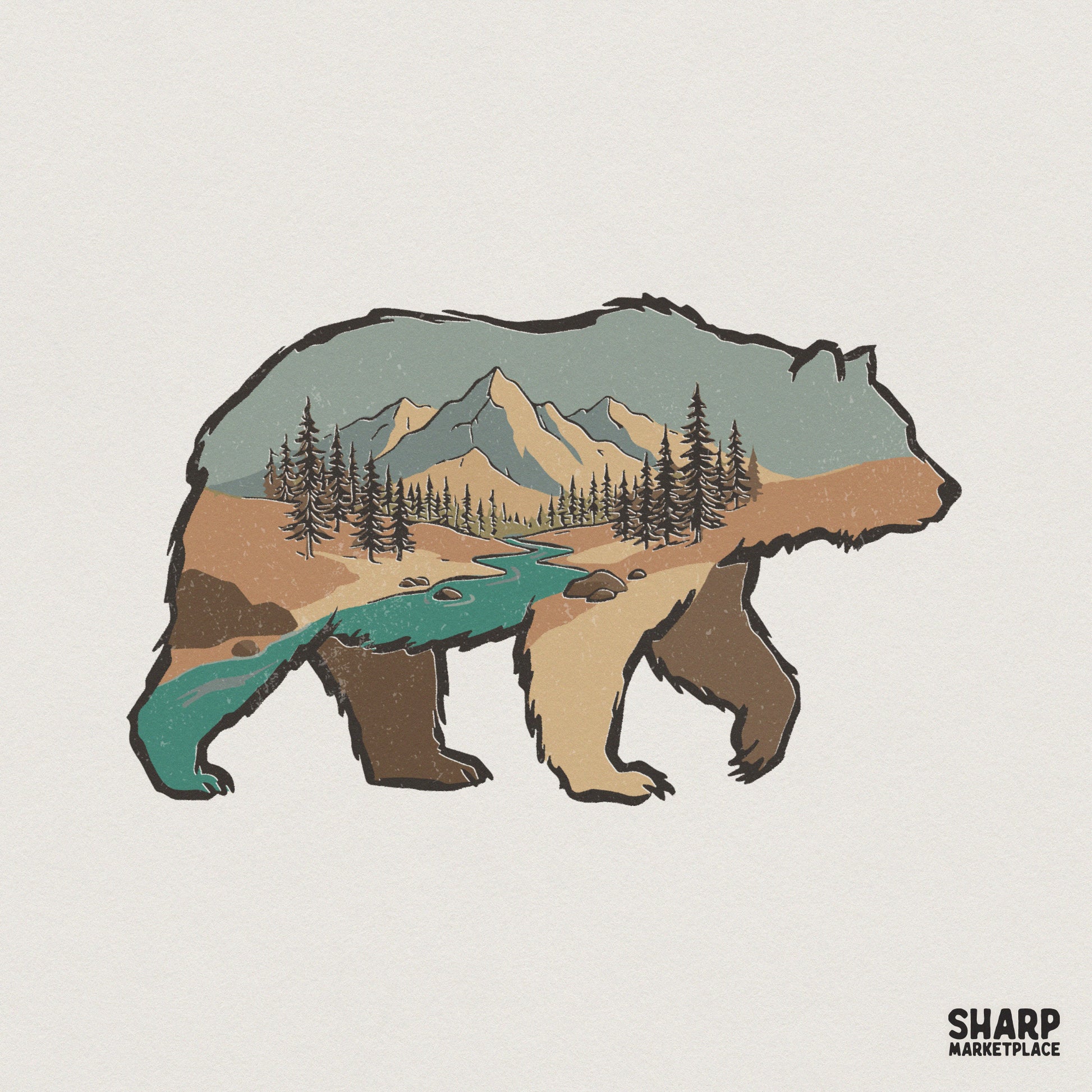 Mountain Bear Wilderness Shirt, Forest River Outdoor Hiking Tee - 300 DPI