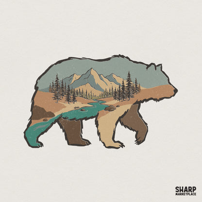 Mountain Bear Wilderness Shirt, Forest River Outdoor Hiking Tee - 300 DPI