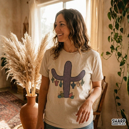 Retro purple desert cactus PNG graphic for vintage western t-shirt sublimation and boho prints