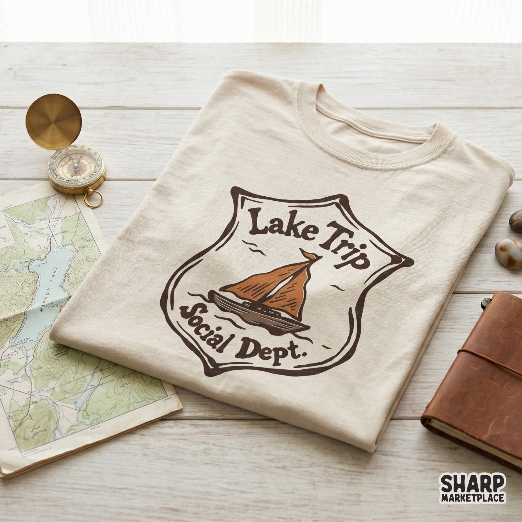 Retro summer sailboat PNG design with Lake Trip Social Dept text for trendy cruise beach apparel and sublimation tees