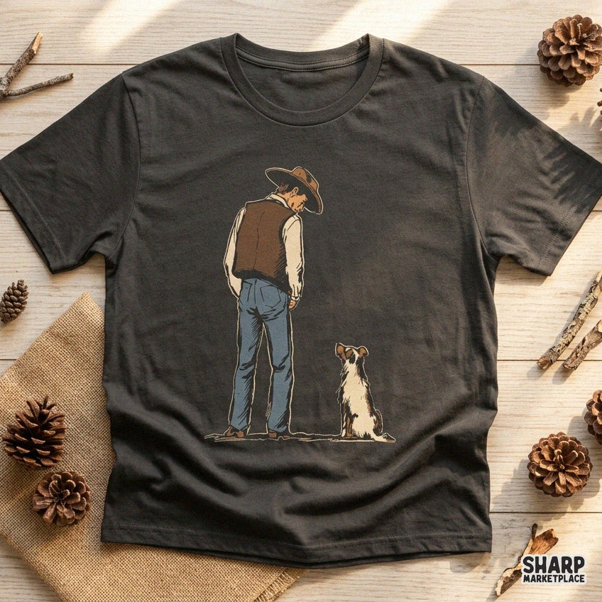 Retro western cowboy standing with his faithful dog PNG design for shirts and sublimation