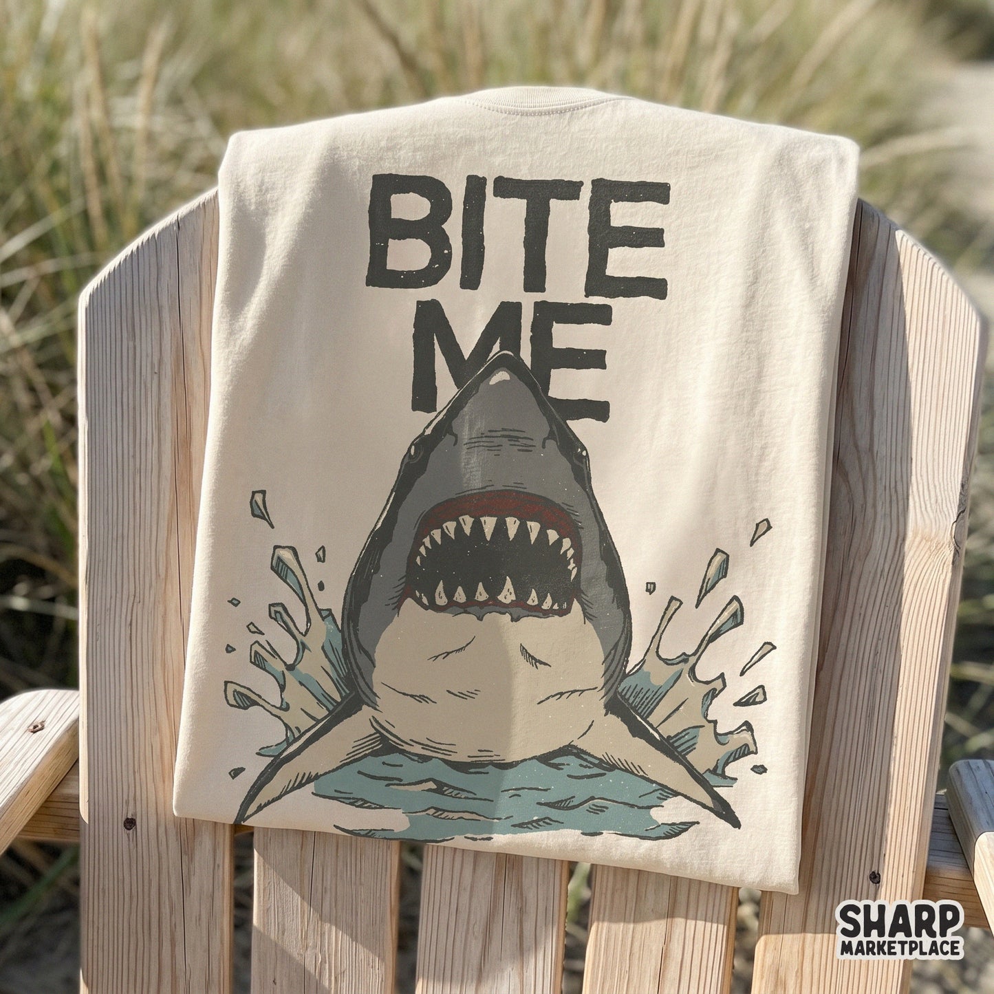 Funny shark graphic with Bite Me text for retro summer beach shirt sublimation