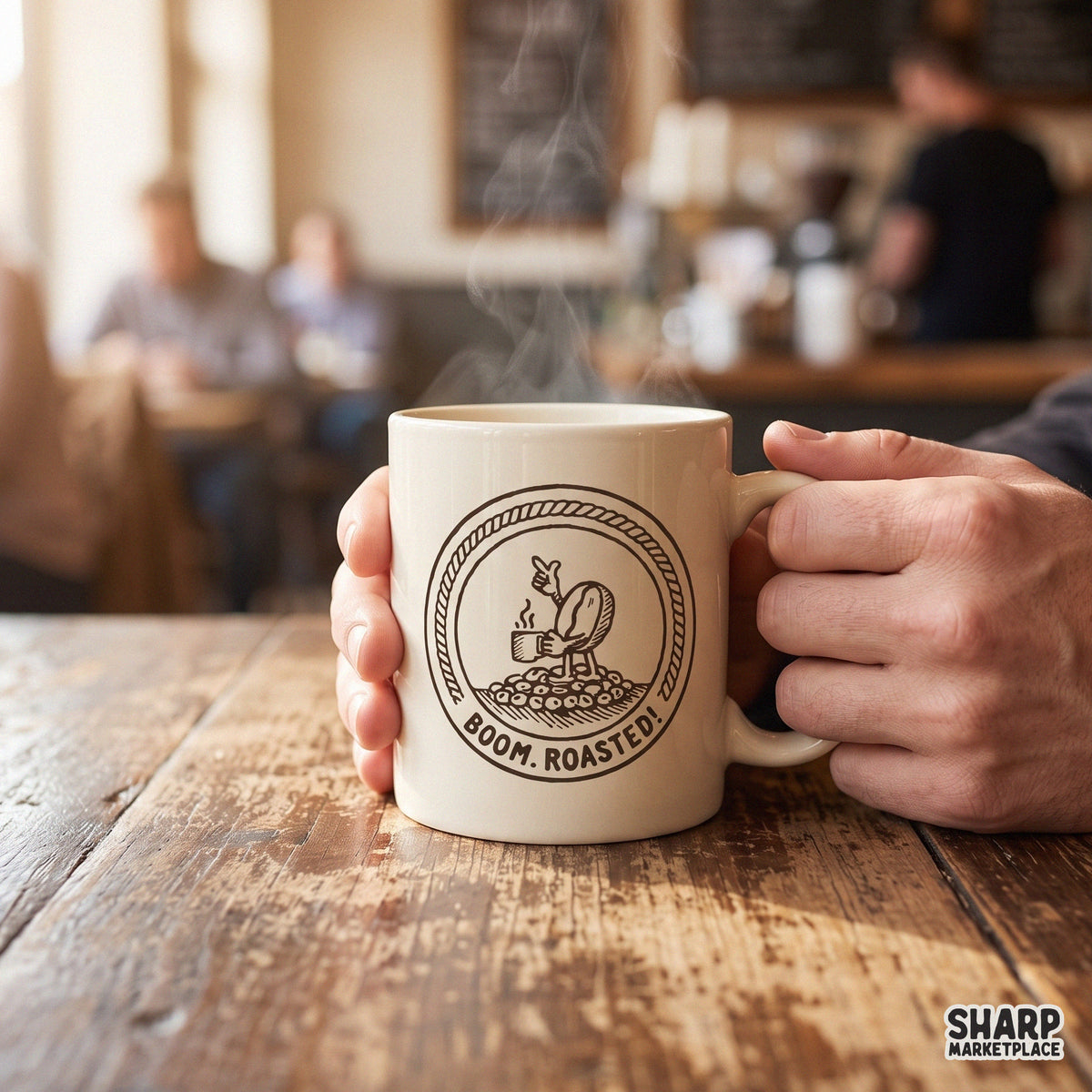 Funny roasted coffee bean design with Boom Roasted slogan for shirt sublimation and sarcastic office humor PNG graphics