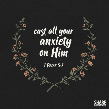 Fall Bible verse PNG design with Cast All Your Anxiety On Him scripture floral art for Christian shirts and gifts