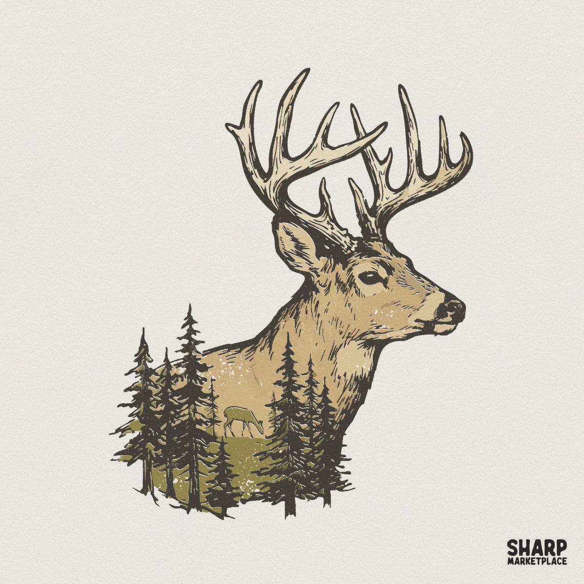 Hand-drawn deer head silhouette featuring a double exposure forest scene with evergreen trees and a grazing deer in rustic earth tones for apparel.