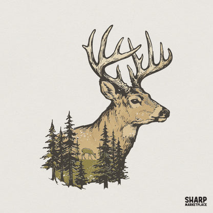 Hand-drawn deer head silhouette featuring a double exposure forest scene with evergreen trees and a grazing deer in rustic earth tones for apparel.