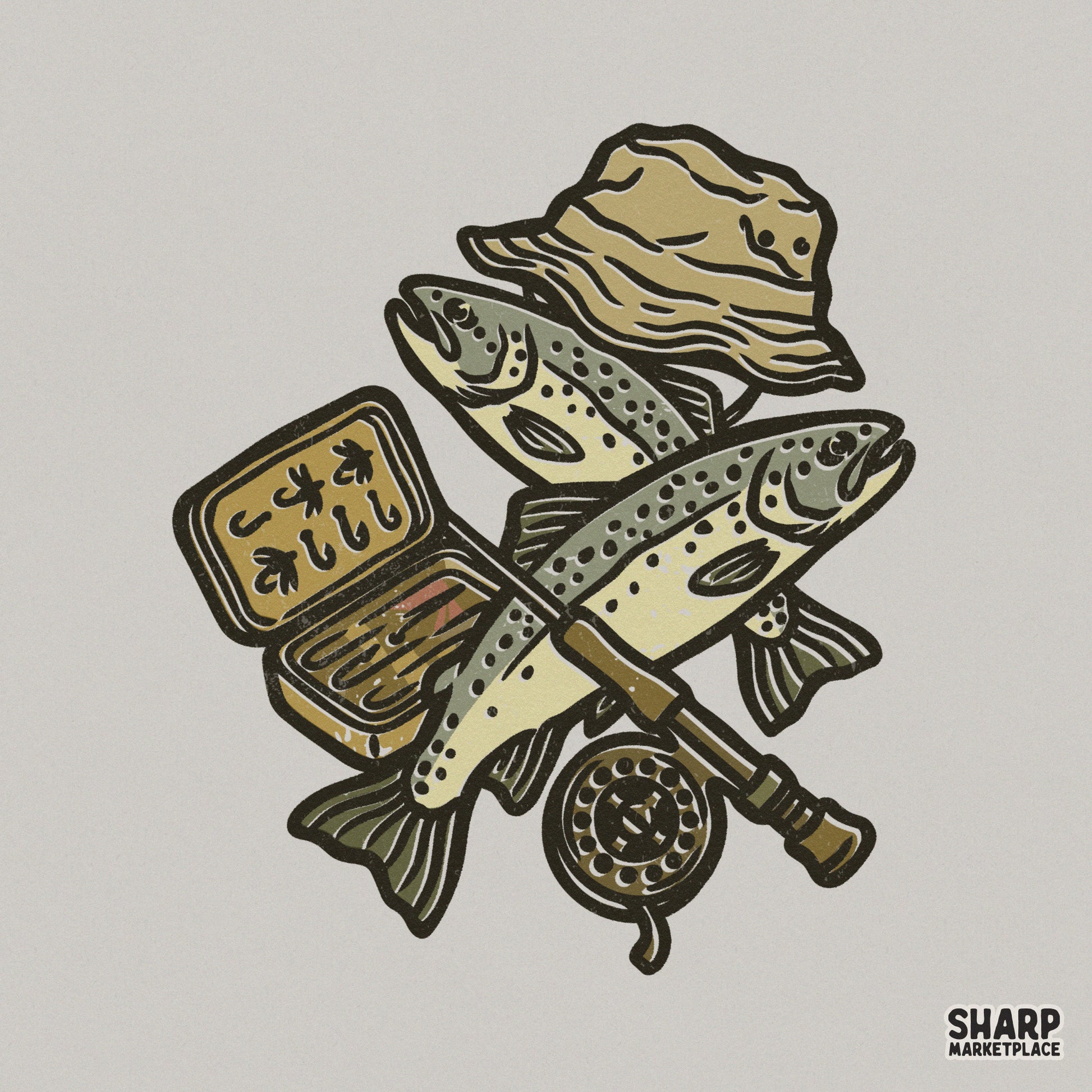 Vintage fishing gear design featuring two speckled trout, a bucket hat, a fly fishing reel, and a tackle box in muted earth tones for apparel.