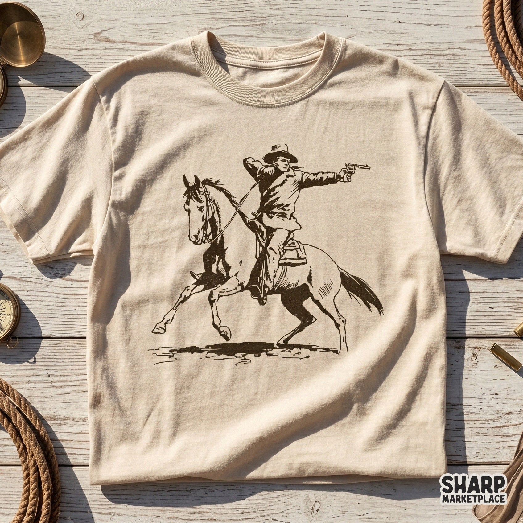 Rustic outlaw rider on horseback silhouette, perfect for sublimation transfers, custom country-themed shirts, and western-inspired DIY projects.