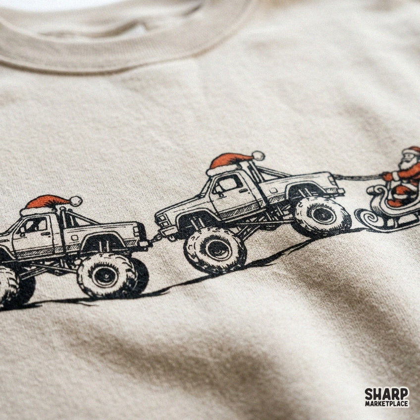 Lifted pickup truck pulling Santa sleigh western Christmas PNG sublimation design for holiday shirt printing