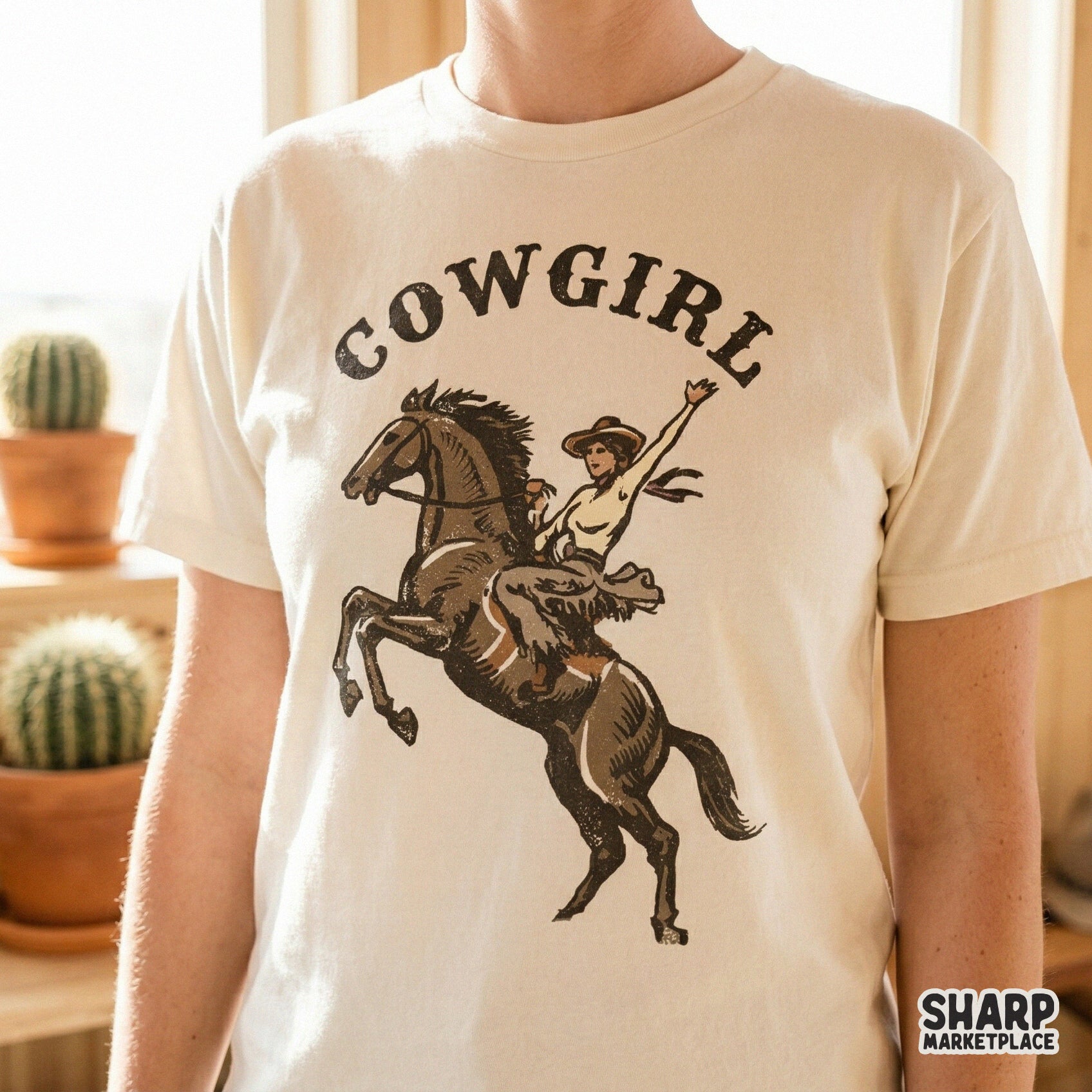 Rustic rodeo themed digital graphic showing a cowgirl with arm raised on a horse, perfect for sublimation prints on t-shirts or custom tumblers.