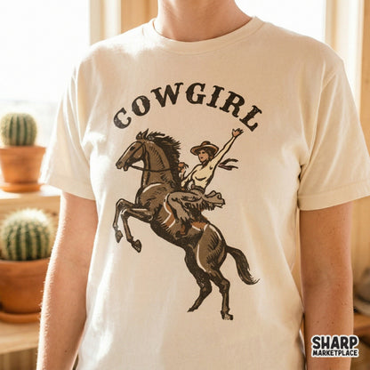 Rustic rodeo themed digital graphic showing a cowgirl with arm raised on a horse, perfect for sublimation prints on t-shirts or custom tumblers.