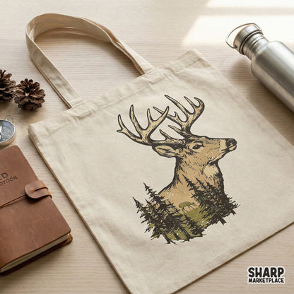 Detailed wildlife clipart showing a majestic stag head with a forest scene, designed for custom nature lover apparel, tumblers, and printable wall art.