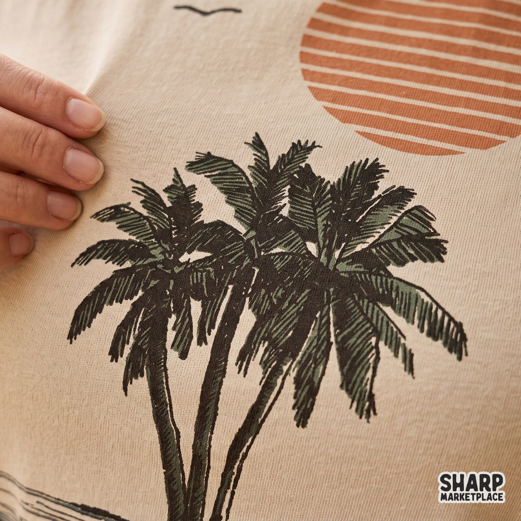 Retro beach sunset and palm trees island scene sublimation design for summer apparel and tropical themed t-shirts