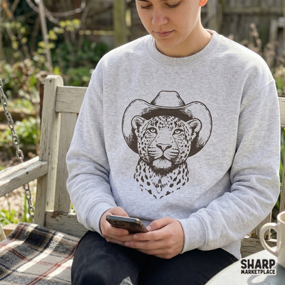 Digital download featuring a spotted big cat in a western hat, ideal for creating custom t-shirts, stickers, and rustic ranch-style wall art.