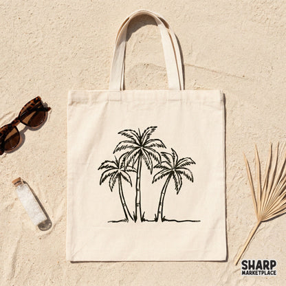 Detailed tropical palm tree sketch in black ink, ideal for beach-inspired sublimation transfers, custom t-shirts, and coastal home decor items.