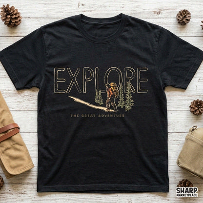 Retro camping PNG featuring pine trees and hiker trail for vintage autumn t-shirt designs