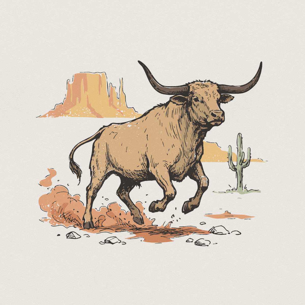 Vintage western longhorn bull illustration charging through a dusty desert landscape with a mesa and cactus, ideal for sublimation and apparel.