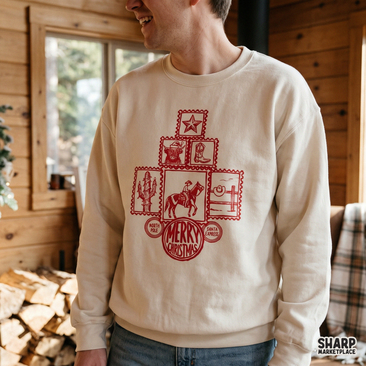 Western highland cow Santa stamp Christmas PNG design with cowboy boots and cactus for holiday shirt sublimation