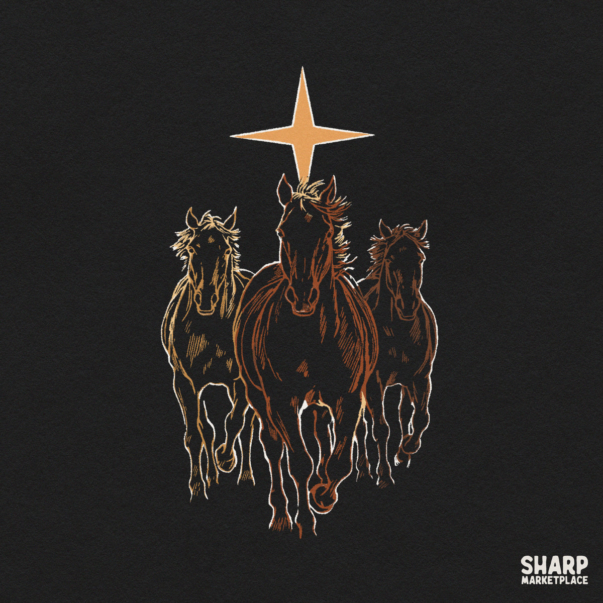 Three galloping stallions under a night star classic western png design for country apparel and sublimation