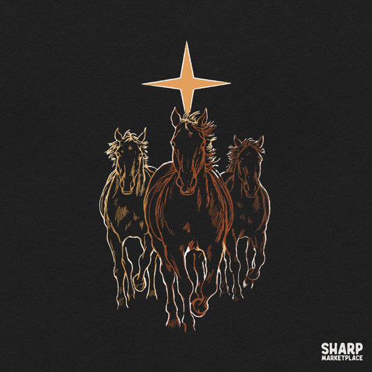 Three galloping stallions under a night star classic western png design for country apparel and sublimation