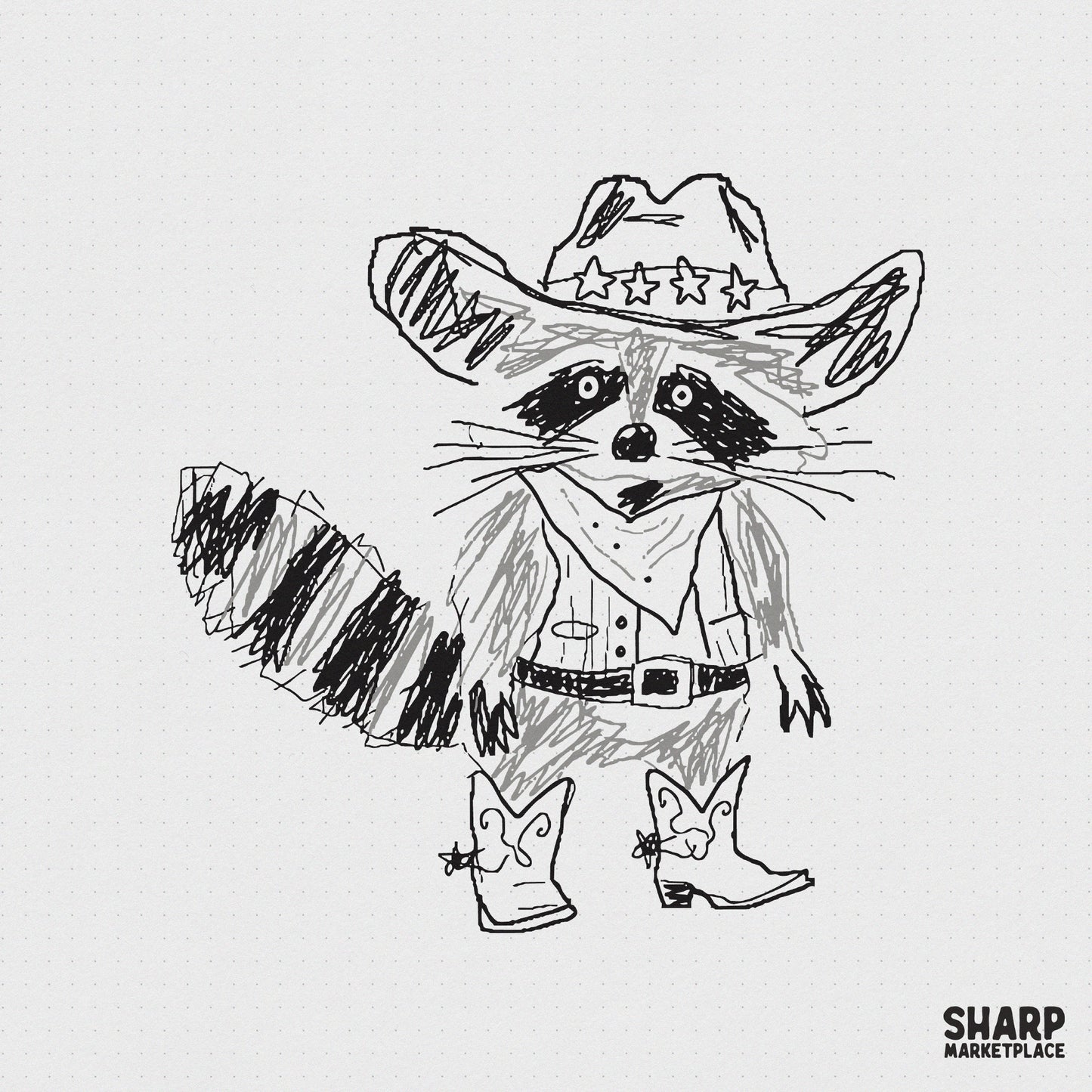 Hand-drawn sketch of a raccoon wearing a cowboy hat with stars, a bandana, and spurs on boots, perfect for western-themed apparel and sublimation.