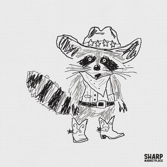 Hand-drawn sketch of a raccoon wearing a cowboy hat with stars, a bandana, and spurs on boots, perfect for western-themed apparel and sublimation.