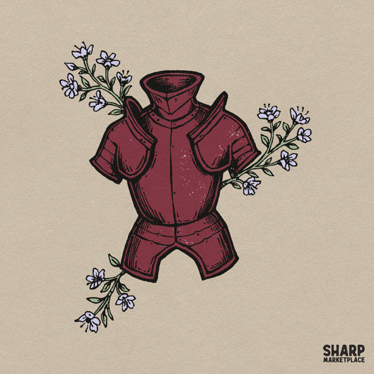 Vintage burgundy knight armor with floral branches design for dark academia sublimation PNG and DTF shirt prints