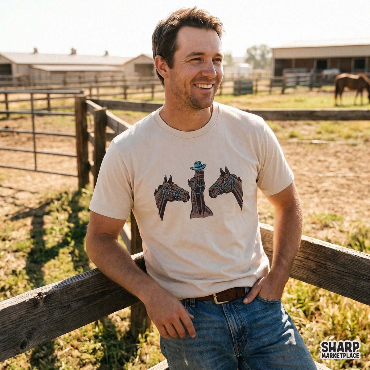 Funny trio of horses wearing blue cowboy hats western PNG shirt design for shirts and sublimation