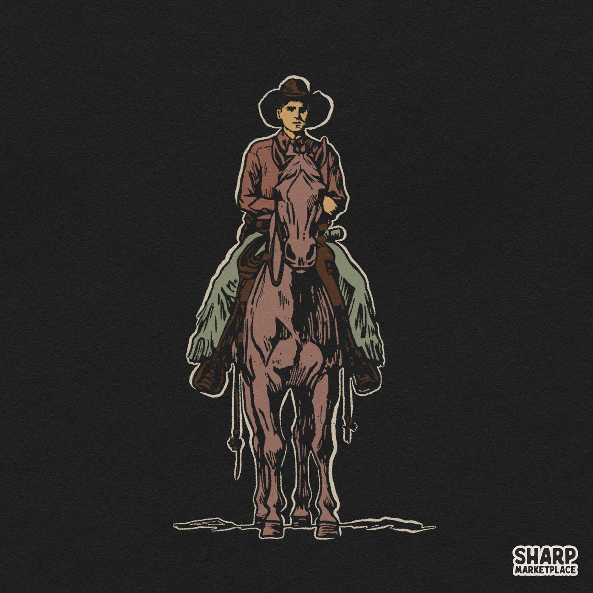 Hand drawn cowboy riding horse graphic tee design in vintage western retro style for apparel and t-shirts