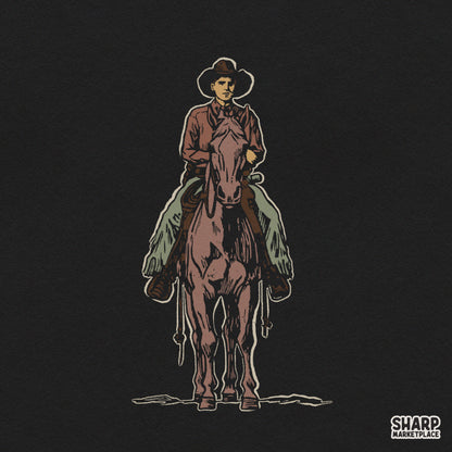 Hand drawn cowboy riding horse graphic tee design in vintage western retro style for apparel and t-shirts