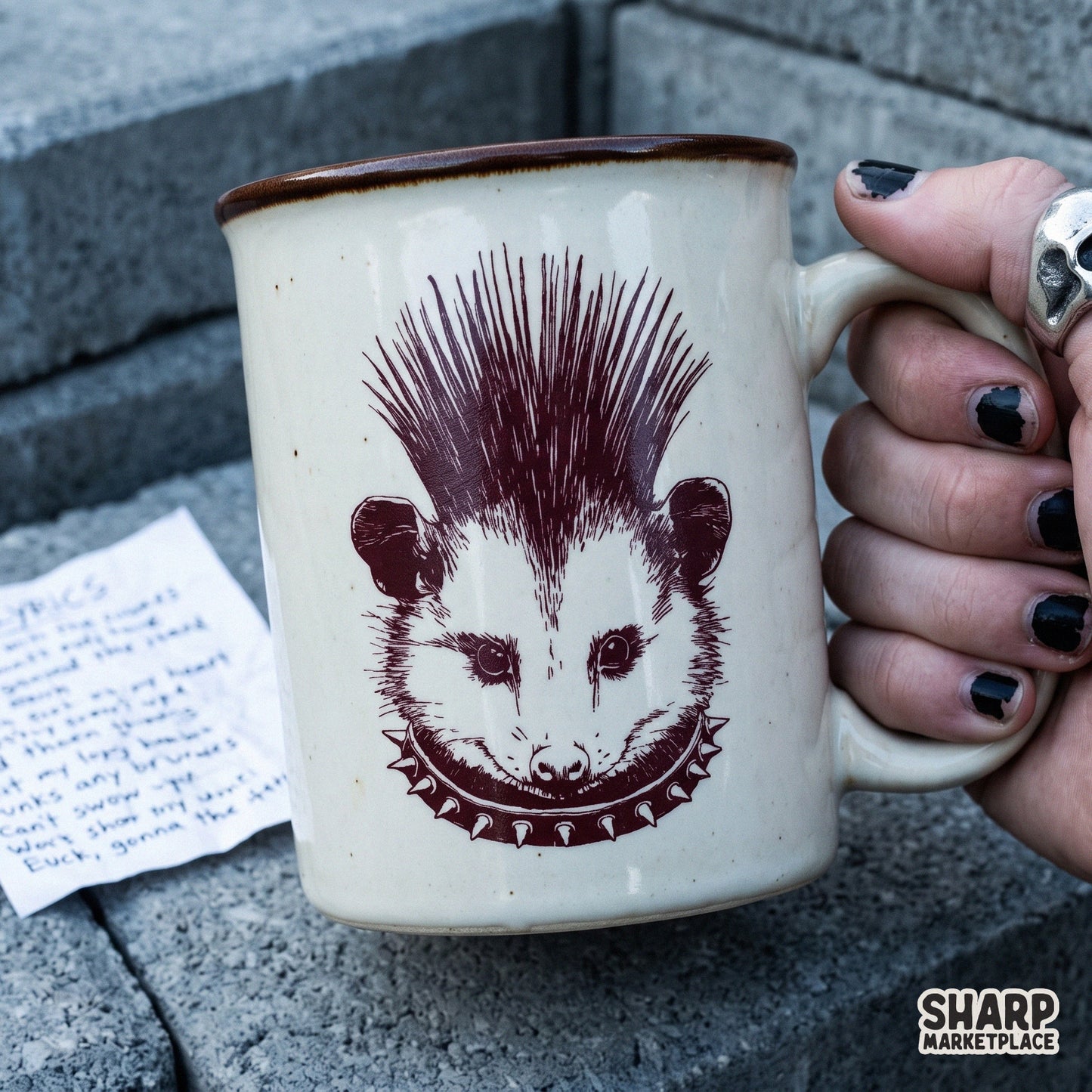 Punk rock opossum with a spiked mohawk and collar for weirdcore streetwear t-shirt sublimation designs