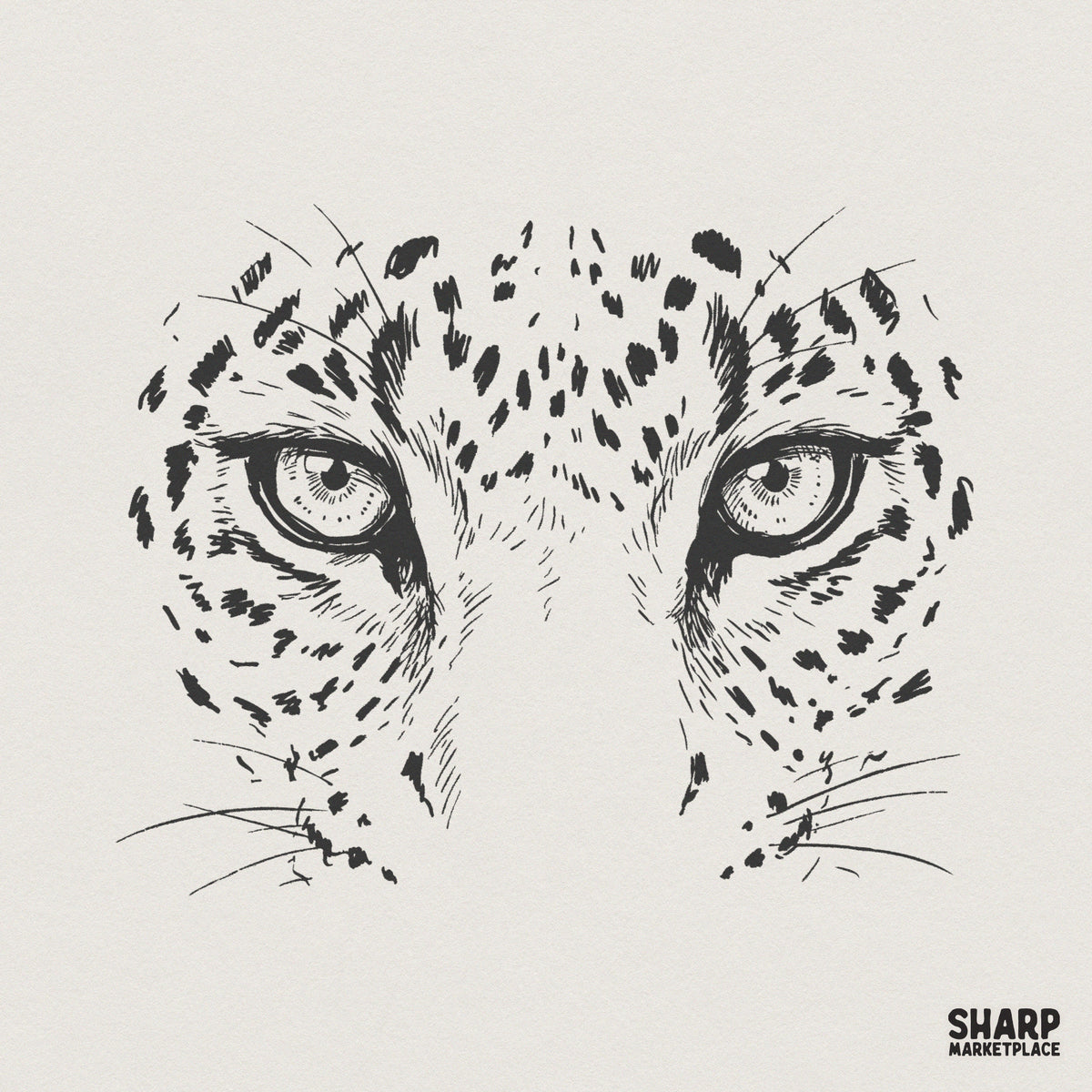 Hand-drawn black and white leopard eyes illustration with detailed fur spots and a fierce, forward-facing gaze for digital printing projects.