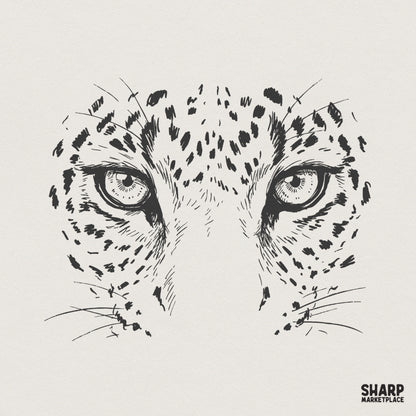 Hand-drawn black and white leopard eyes illustration with detailed fur spots and a fierce, forward-facing gaze for digital printing projects.