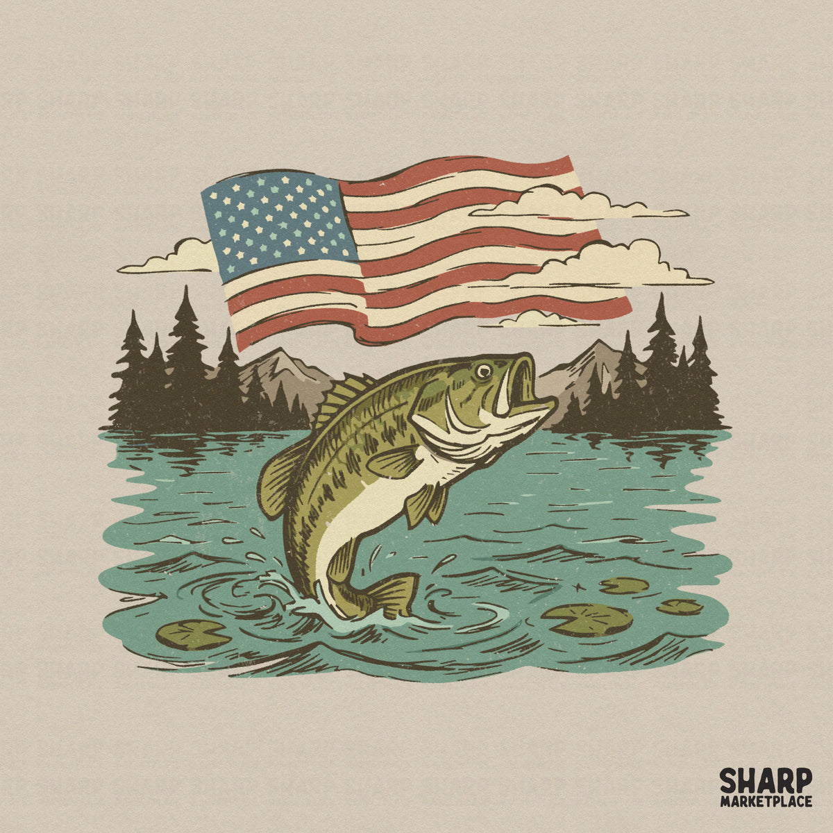 Vintage style digital illustration of a largemouth bass jumping from a lake with a waving American flag, mountains, and trees for sublimation printing.