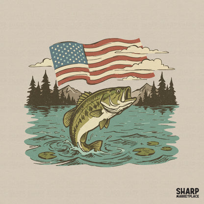 Vintage style digital illustration of a largemouth bass jumping from a lake with a waving American flag, mountains, and trees for sublimation printing.