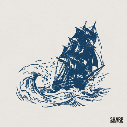 Vintage blue line art illustration of a tall sailing ship navigating turbulent ocean waves, isolated on a light background for nautical projects.